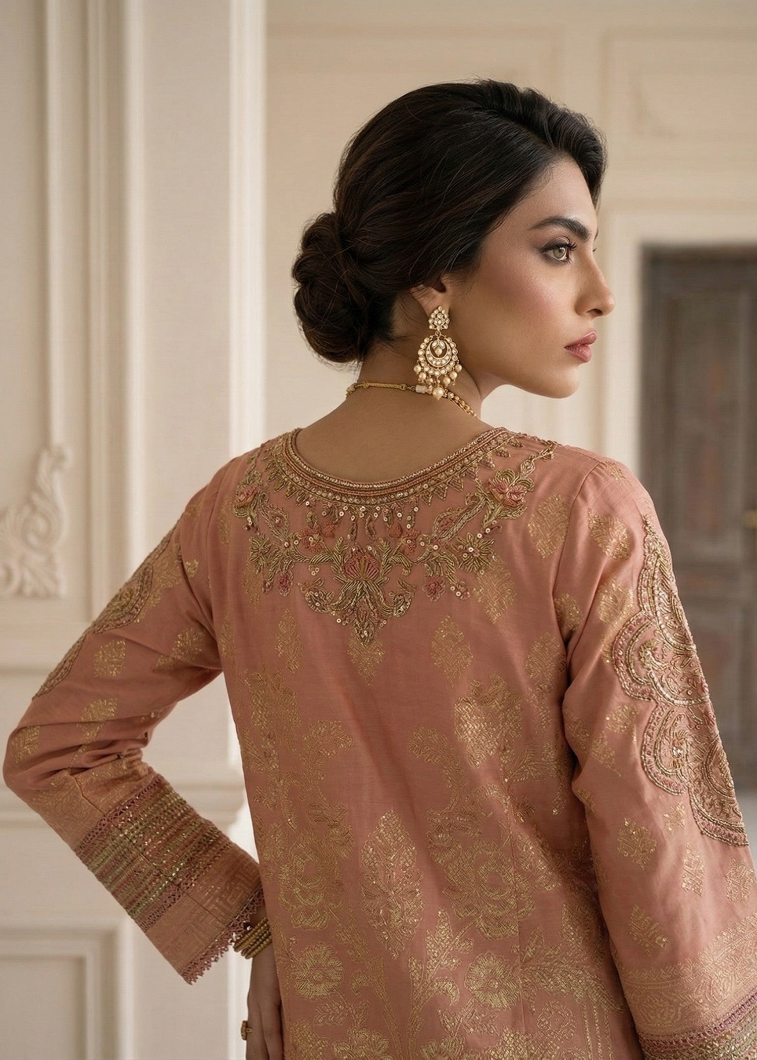 Peach Jacquard Embroidered Partywear Suit Online in UK USA Canada
