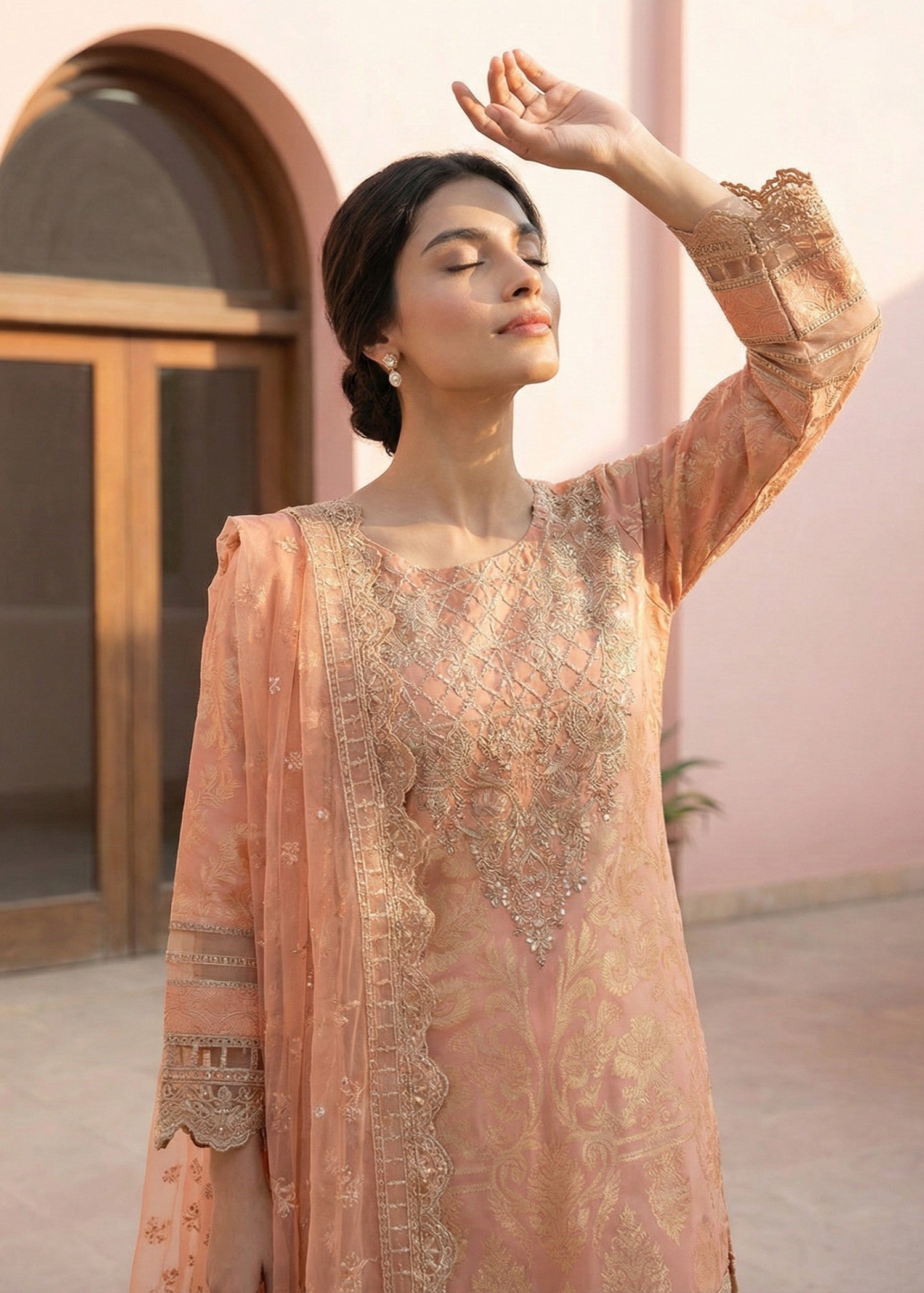Peach Lawn Embroidered 3 Piece Suit Online in Sri Lanka India Australia