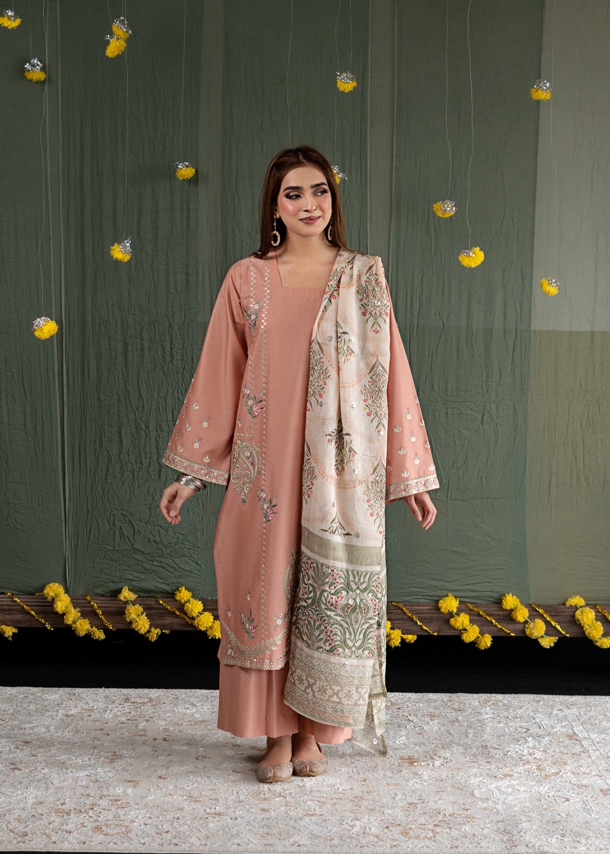 Peach Lawn Embroidered Straight Cut Kurta with Dupatta Online in KSA Riyadh Saudi Arabia Oman Bahrain Qatar