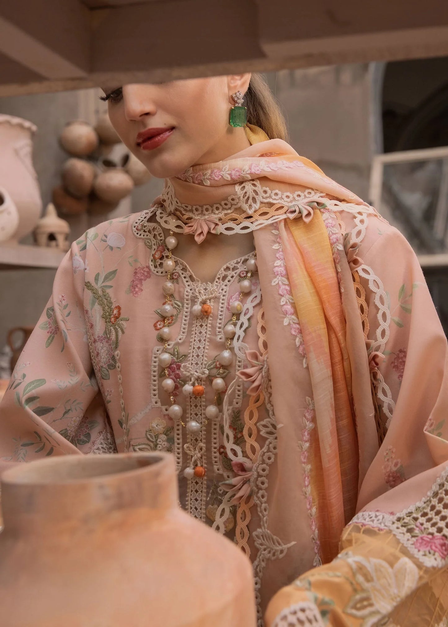 Peach Luxury Lawn Dress Material Online in UK USA Canada