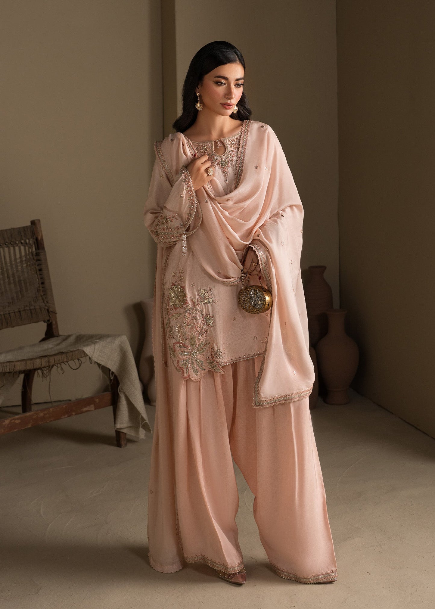 Peach Orange Embellished Farshi Shalwar for Party Online in Dubai UAE Abudhabi Ajman Sharjah