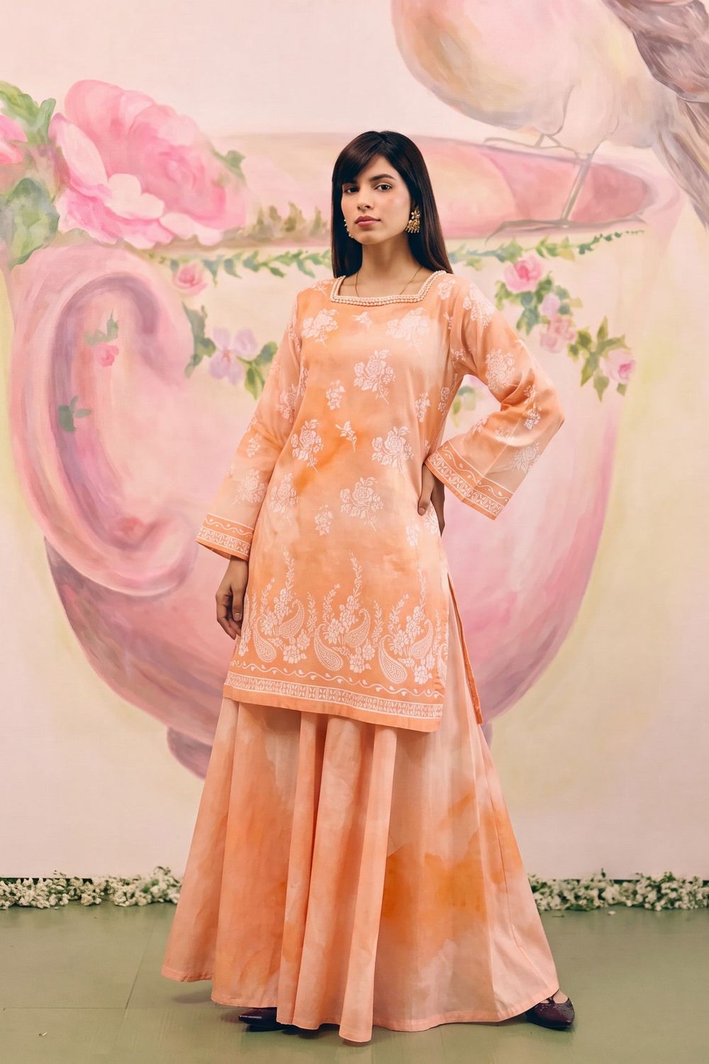 Peach Orange Embellished Lawn Sharara Suit Online in Dubai UAE Abudhabi Ajman Sharjah