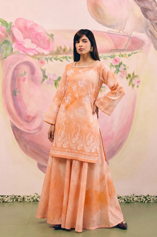 Peach Orange Embellished Lawn Sharara Suit Online in Dubai UAE Abudhabi Ajman Sharjah