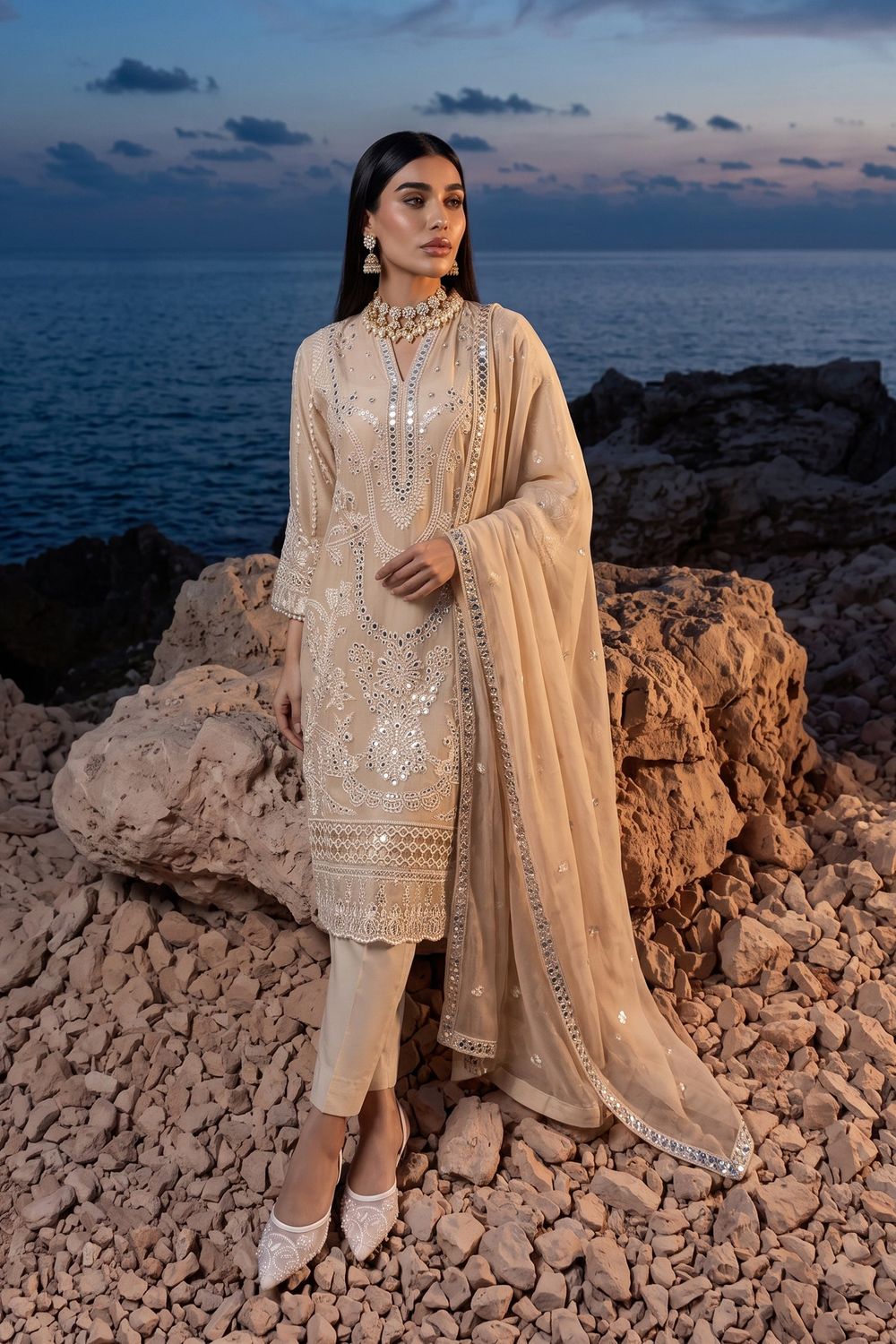 Peach Orange Embroidered Chiffon Pakistani Suit Online in Dubai UAE Abudhabi Ajman Sharjah