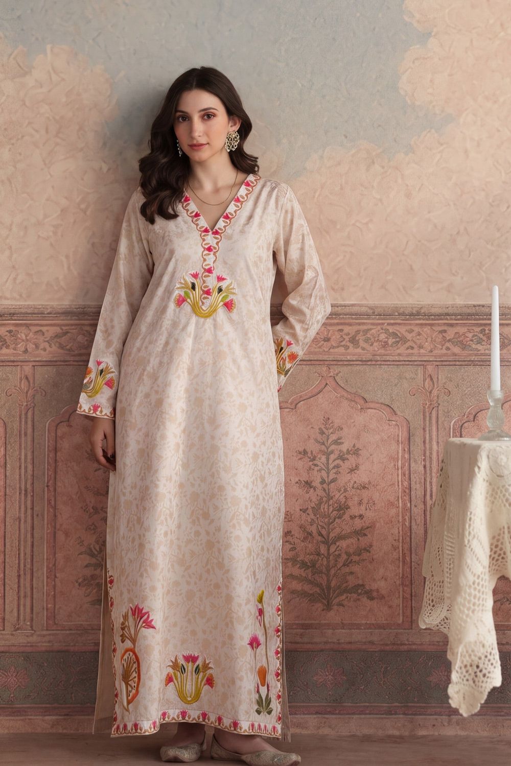 Peach Orange Embroidered Lawn Kaftan Online in Dubai UAE Abudhabi Ajman Sharjah