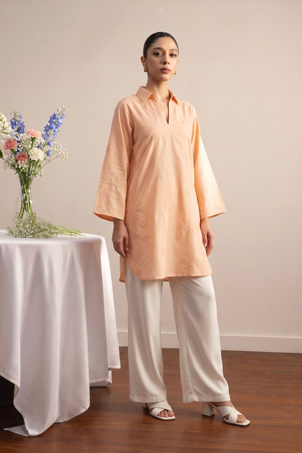 Peach Orange Embroidered Lawn Kurta Set Online in Dubai UAE Abudhabi Ajman Sharjah