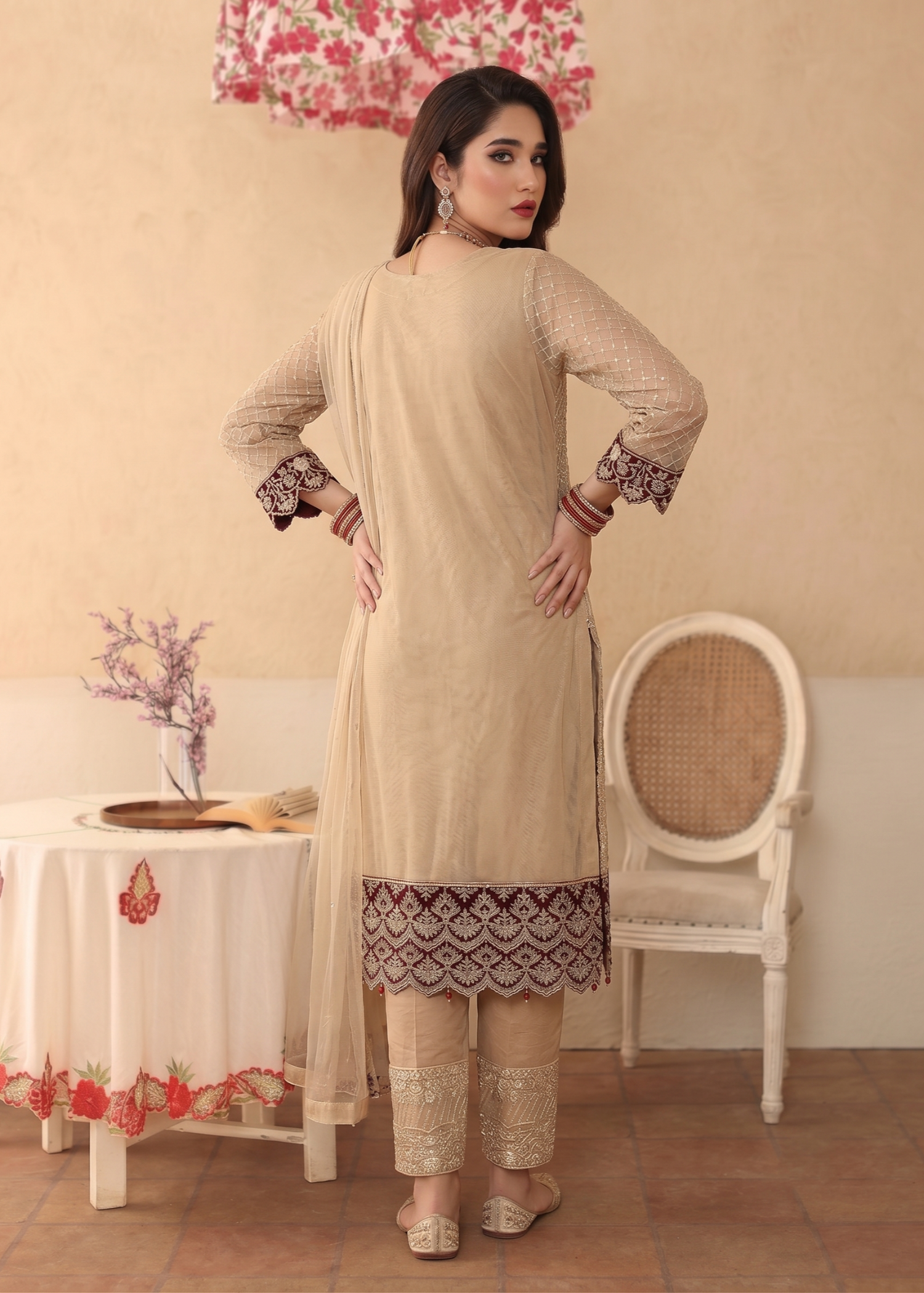 Peach Orange Embroidered Organza Festive Wear Online in UK USA Canada
