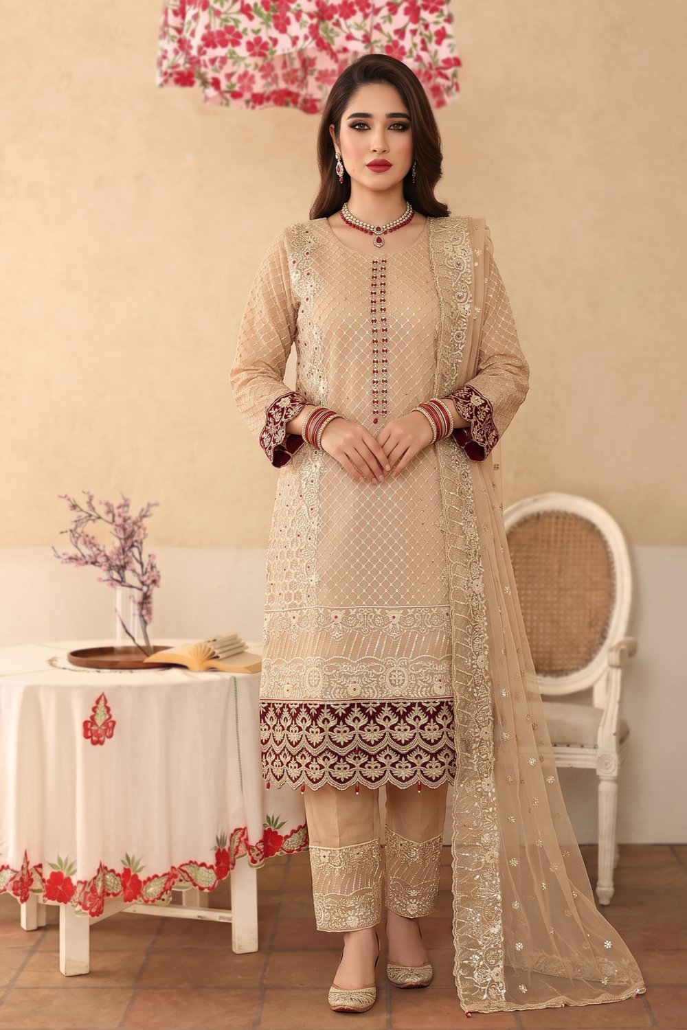 Peach Orange Embroidered Organza Partywear Suit Online in Dubai UAE Abudhabi Ajman Sharjah