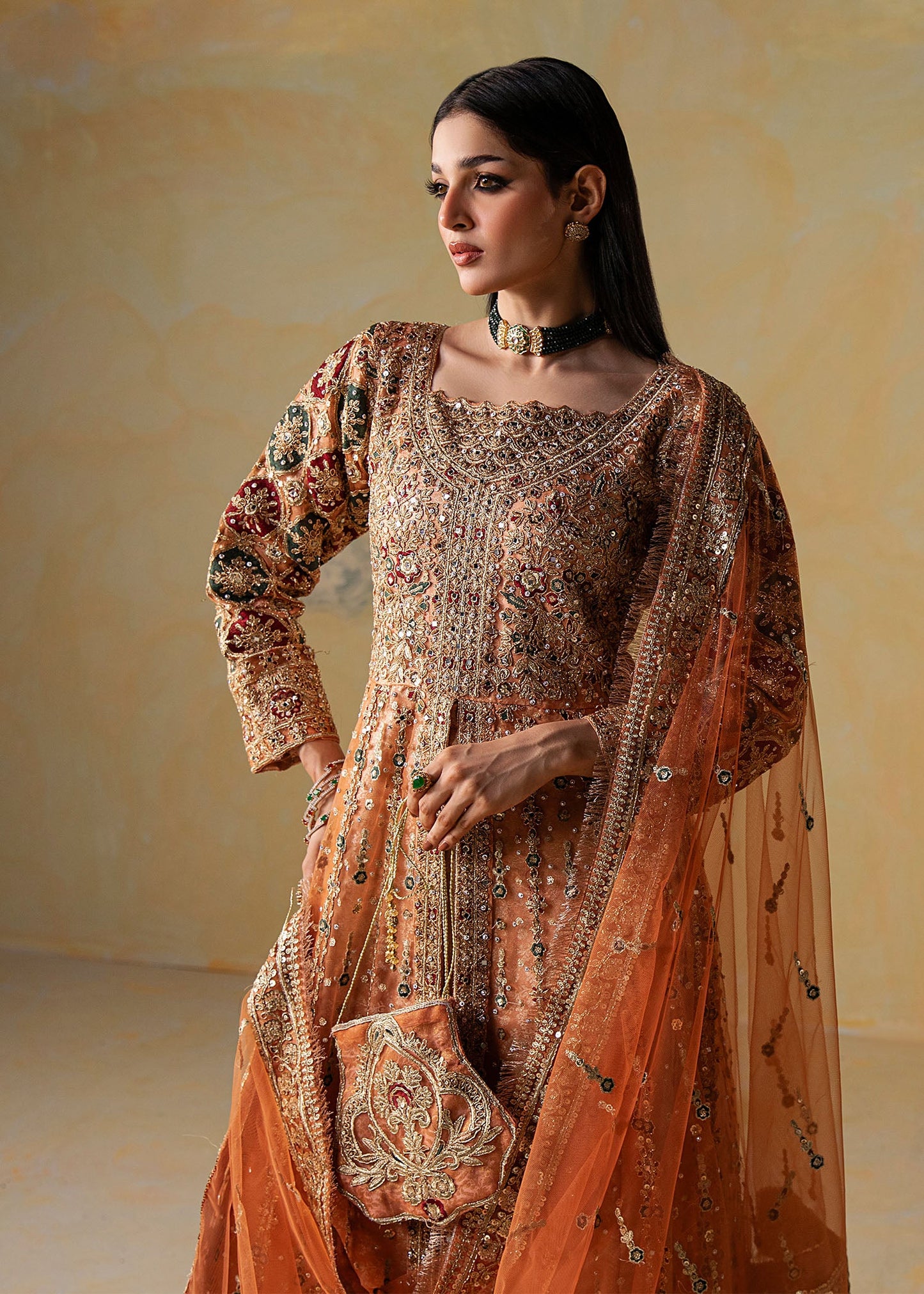 Peach Orange Hand Embroidered Net Maxi Dress Online in Dubai DXB UAE Abudhabi Meena Bazaar