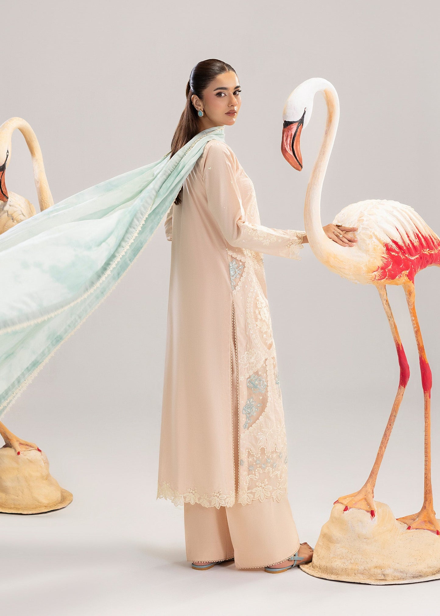 Peach Orange Organza Dupatta Embroidered Lawn Suit Online in Dubai DXB UAE Abudhabi Meena Bazaar