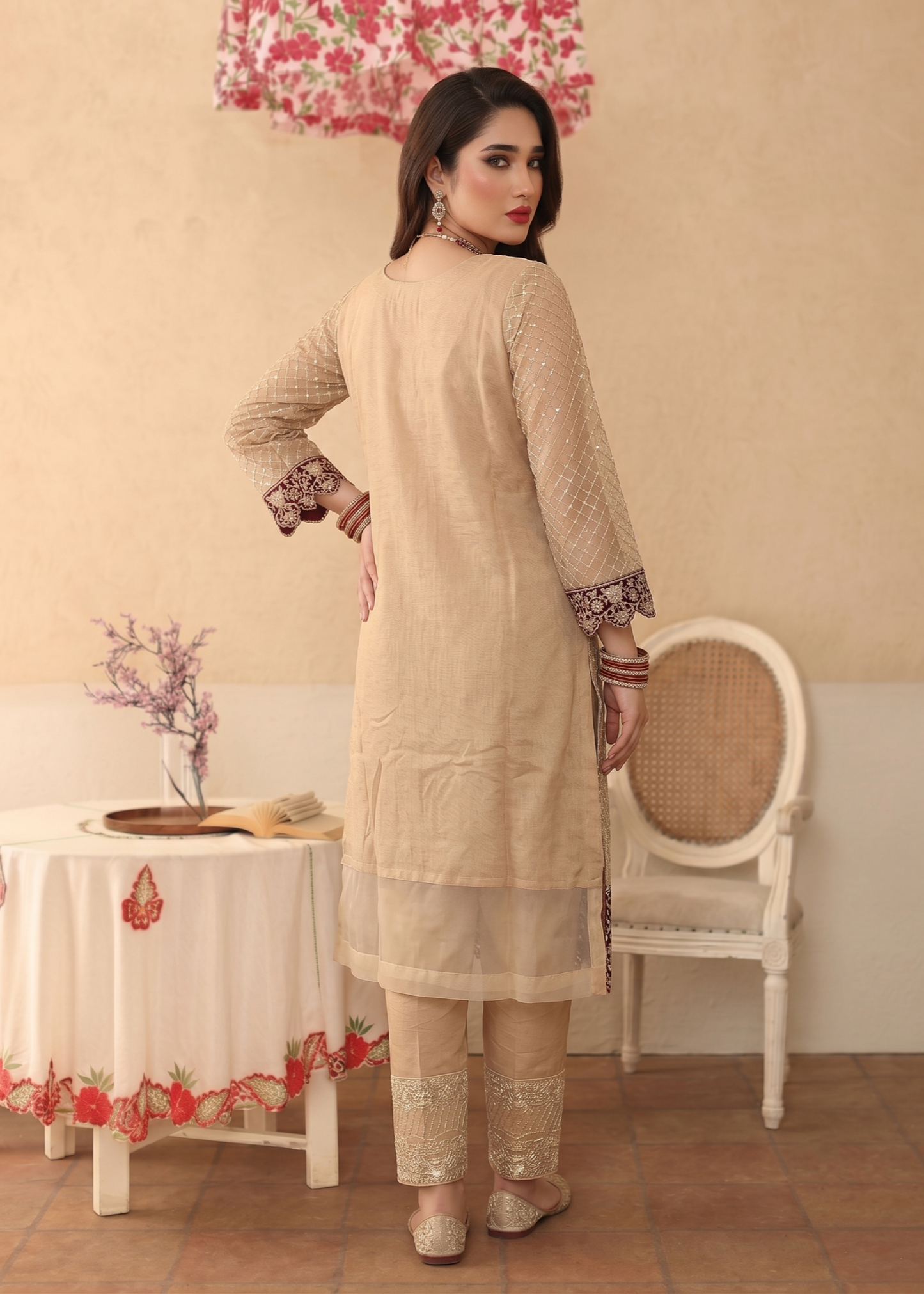 Peach Orange Organza Pakistani Suit Online in Dubai DXB UAE Abudhabi Meena Bazaar