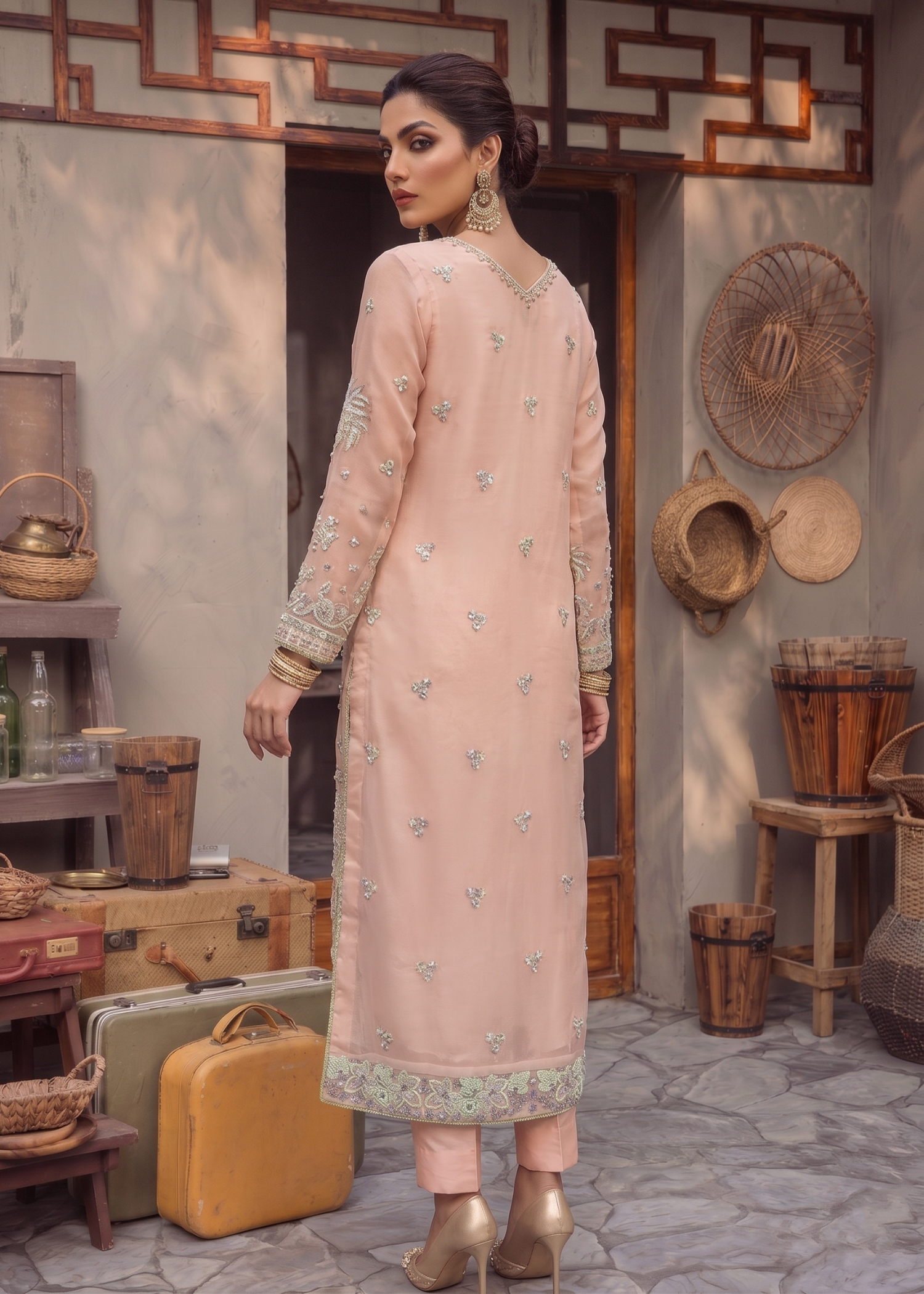 Peach Organza Embroidered Partywear Salwar Suit Online in Sri Lanka India Australia