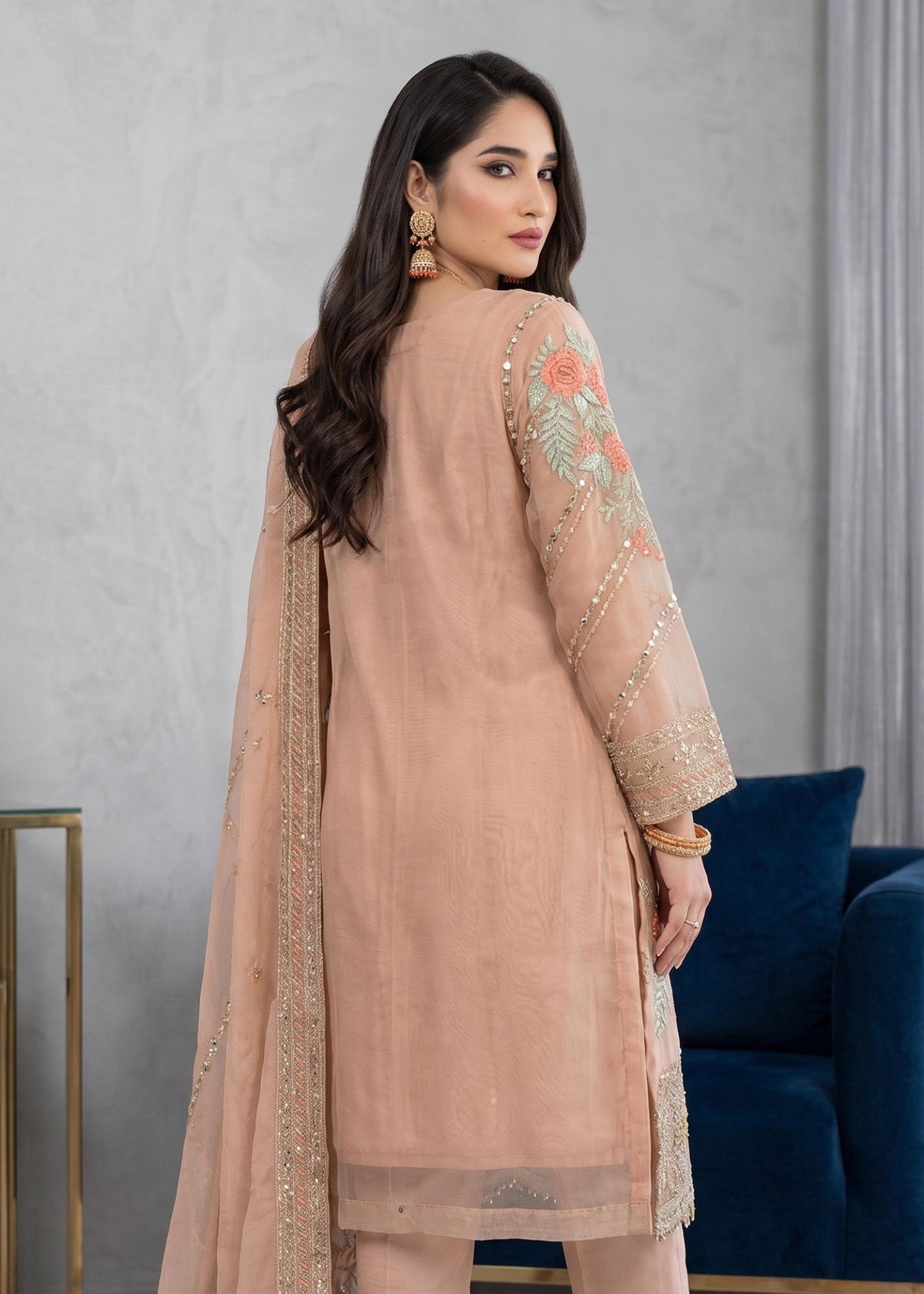 Peach Organza Partywear Suit Online in Dubai DXB UAE Abudhabi Meena Bazaar