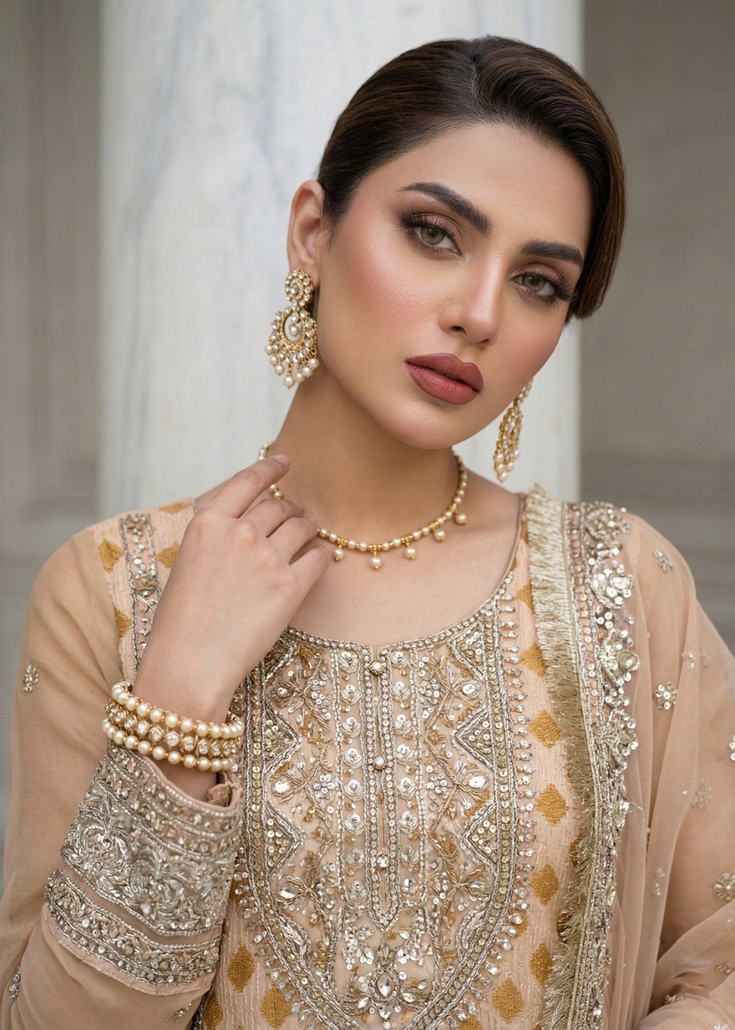 Peach Pink Designer Embroidered Organza Suit Online in KSA Riyadh Saudi Arabia Oman Bahrain Qatar