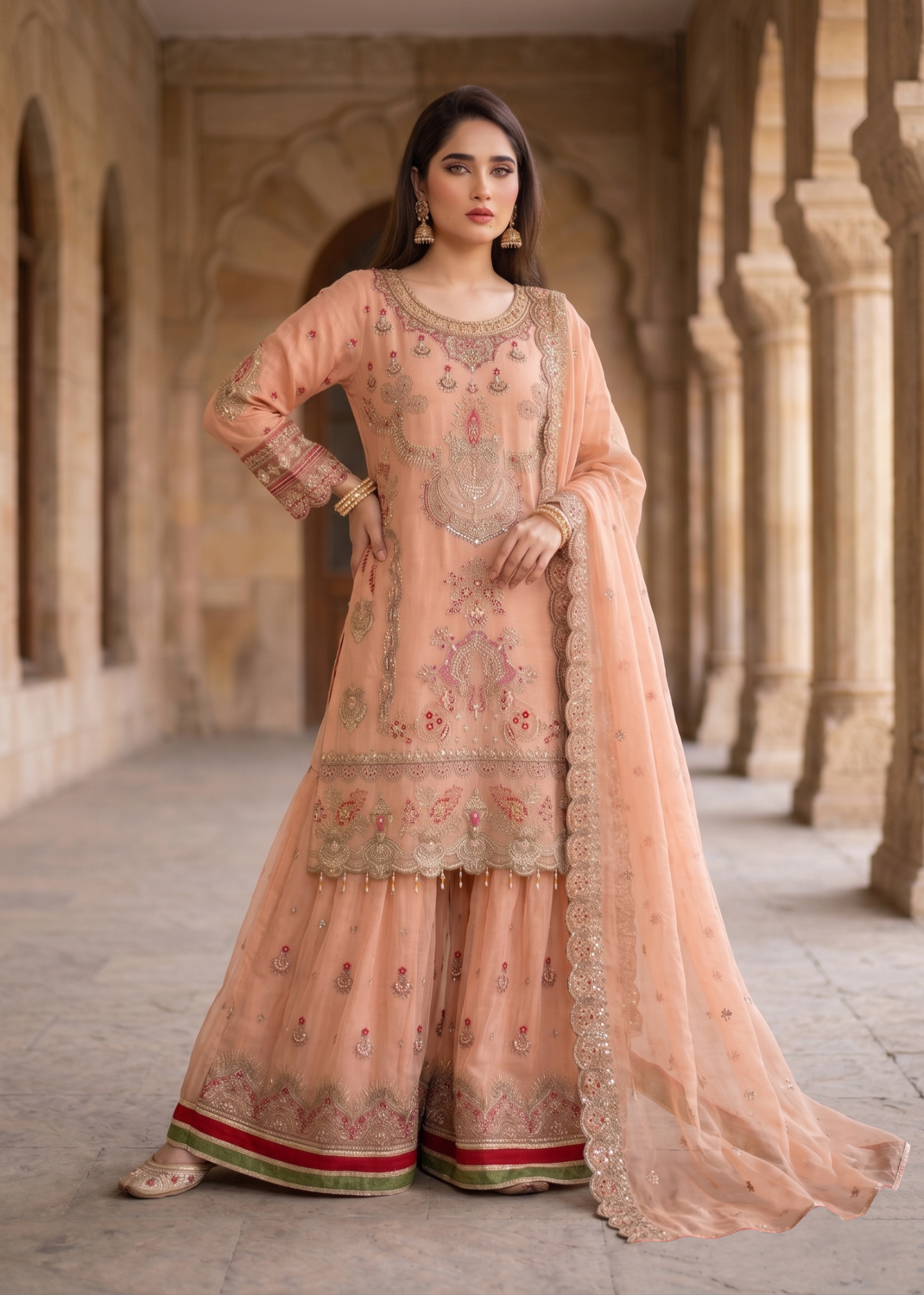 Peach Pink Embellished Organza Salwar Kameez Online in UK USA Canada