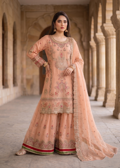 Peach Pink Embellished Organza Salwar Kameez Online in UK USA Canada