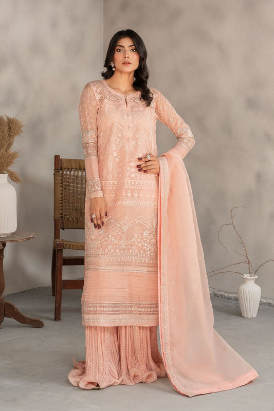 Peach Pink Embellished Organza Sharara Suit Online in Dubai UAE Abudhabi Ajman Sharjah