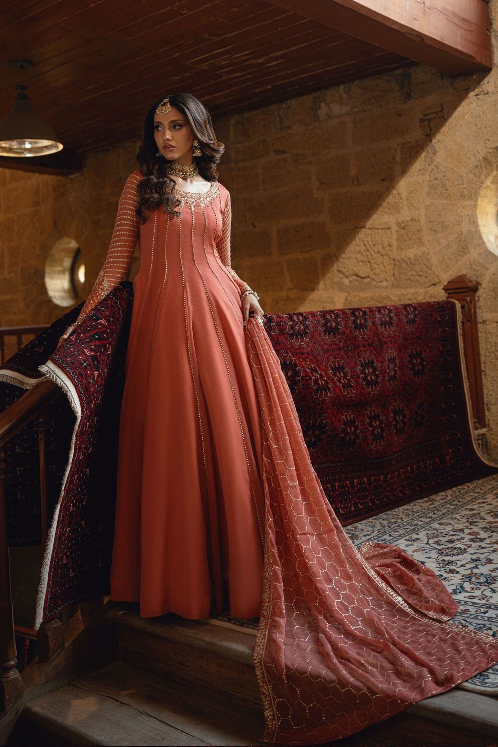 Peach Pink Embroidered Chiffon Festive Suit Online in Dubai UAE Abudhabi Ajman Sharjah