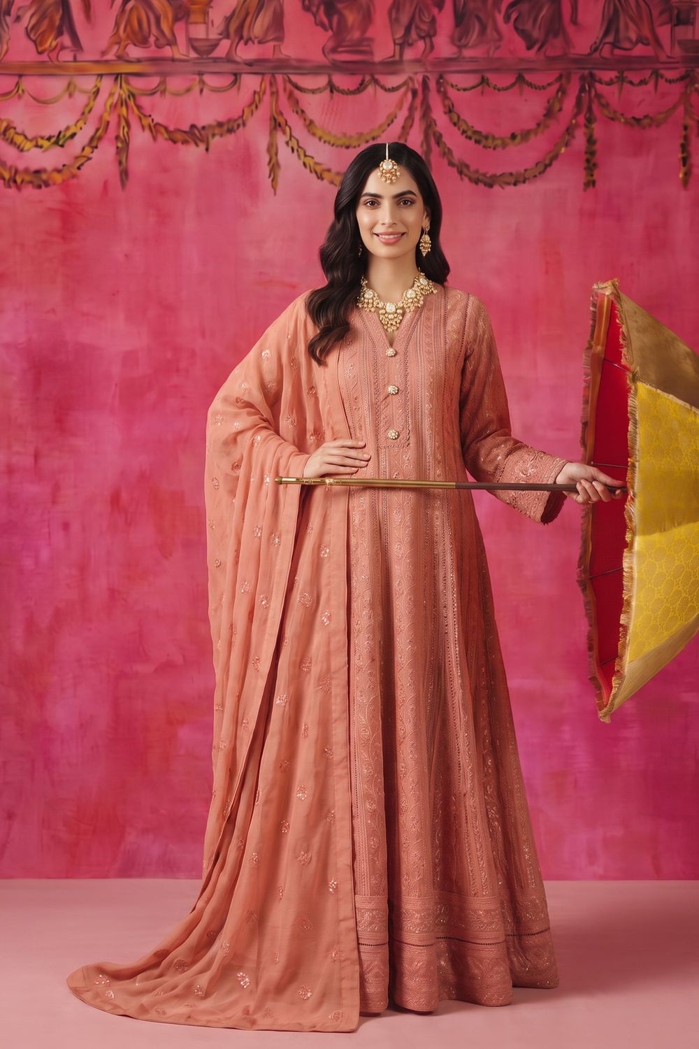 Peach Pink Embroidered Chiffon Maxi Suit Online in Dubai UAE Abudhabi Ajman Sharjah