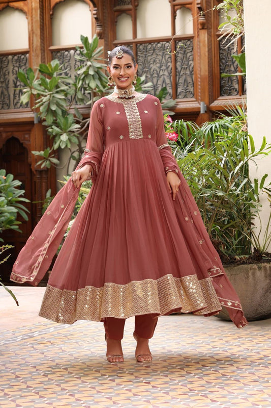 Peach Pink Embroidered Chiffon Partywear Pishwas Online in Dubai UAE Abudhabi Ajman Sharjah