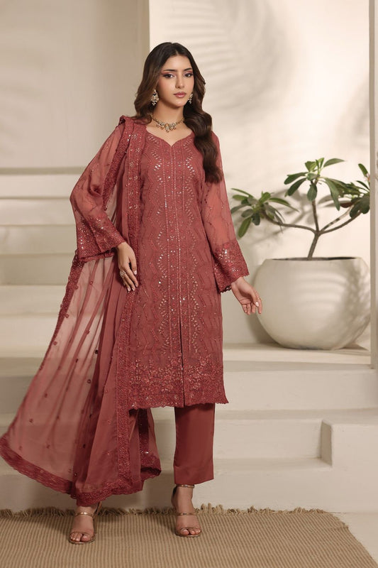Peach Pink Embroidered Chiffon Partywear Suit Online in Dubai UAE Abudhabi Ajman Sharjah
