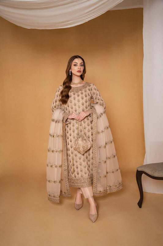 Peach Pink Embroidered Chiffon Partywear Suit Online in Dubai UAE Abudhabi Ajman Sharjah