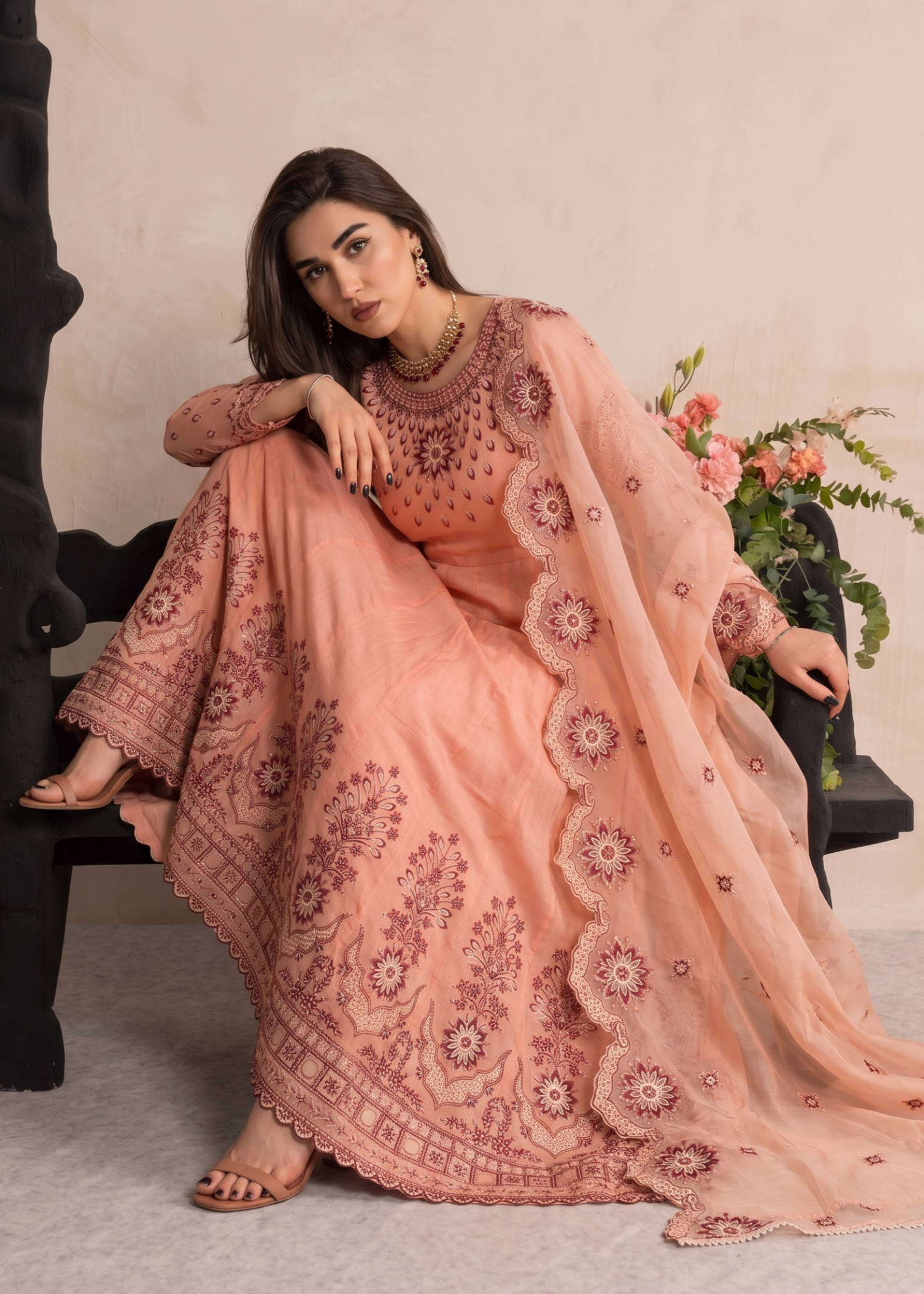 Peach Pink Embroidered Cotton 3 Piece Online in Dubai DXB UAE Abudhabi Meena Bazaar