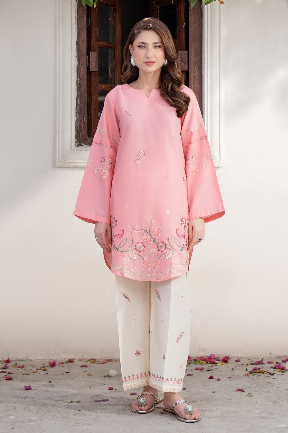 Peach Pink Embroidered Cotton Kurta Set Online in Dubai UAE Abudhabi Ajman Sharjah