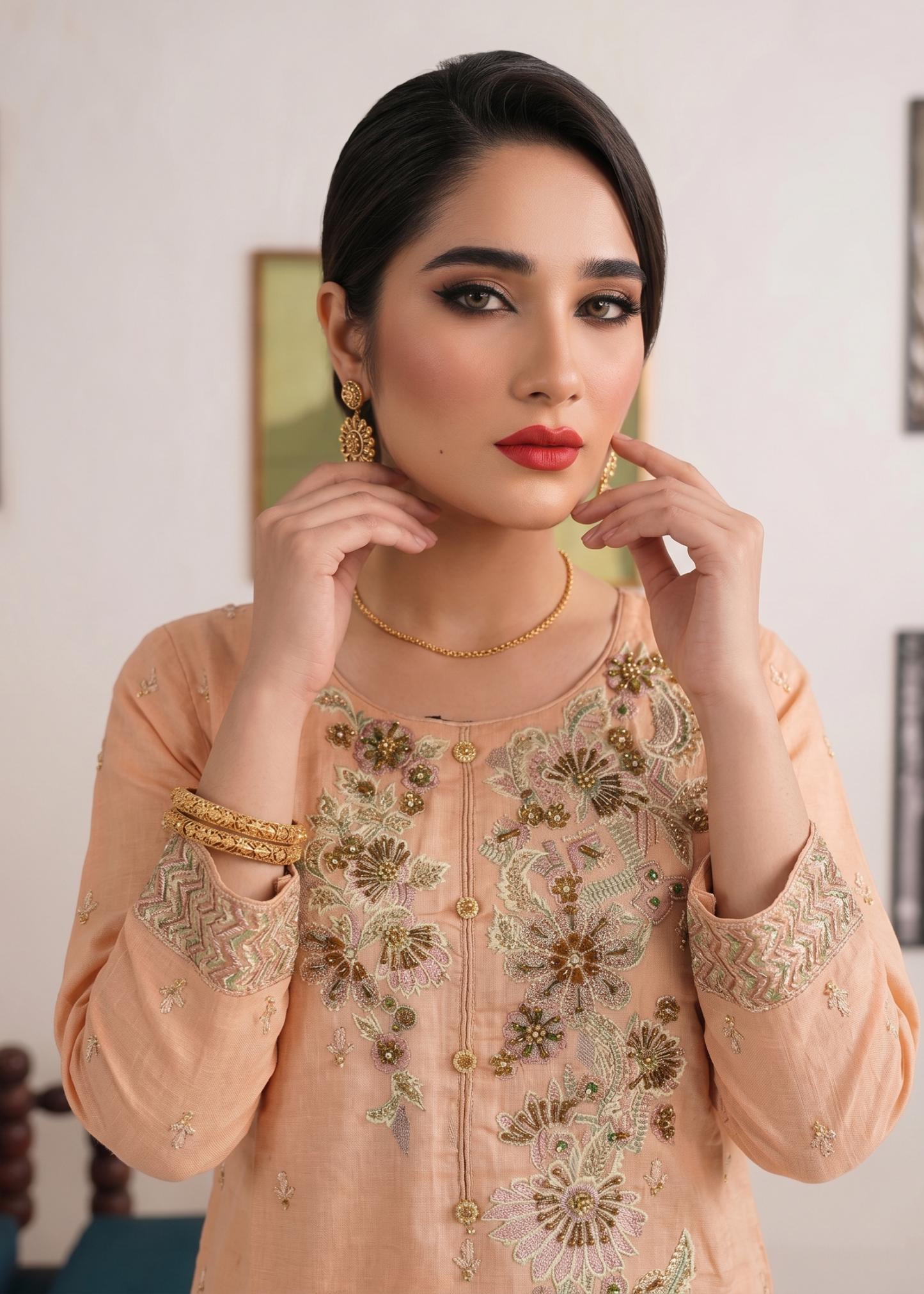 Peach Pink Embroidered Cotton Kurta with Trouser Online in Dubai DXB UAE Abudhabi Meena Bazaar