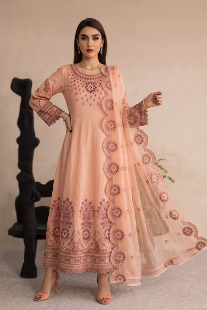Peach Pink Embroidered Cotton Partywear Suit Online in Dubai UAE Abudhabi Ajman Sharjah