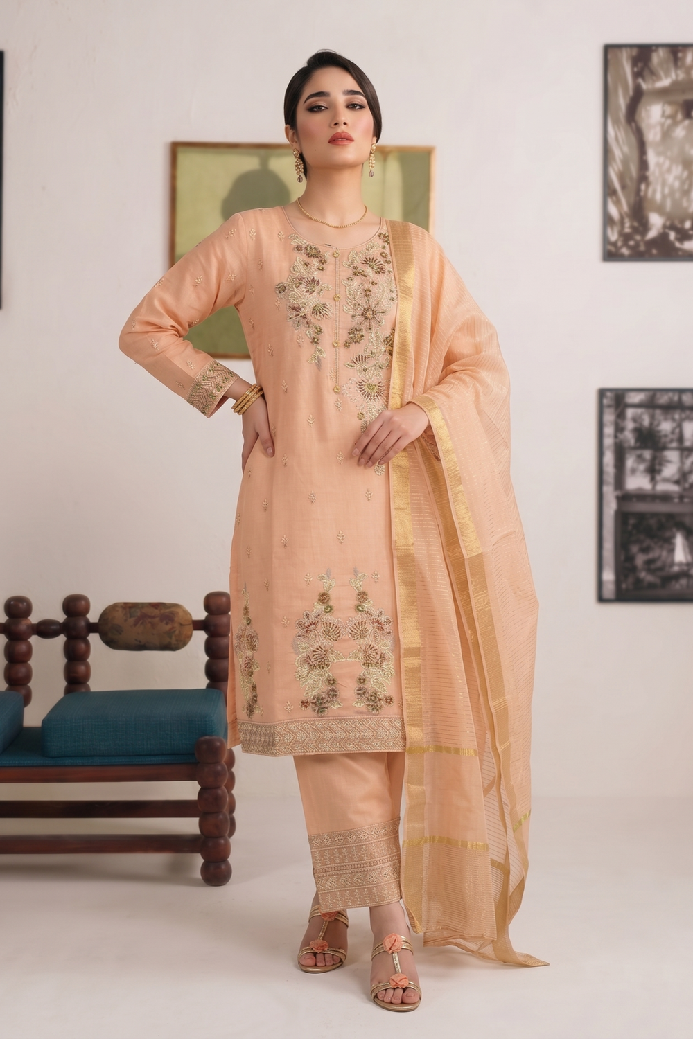 Peach Pink Embroidered Cotton Straight Kurta Suit Online in Dubai UAE Abudhabi Ajman Sharjah