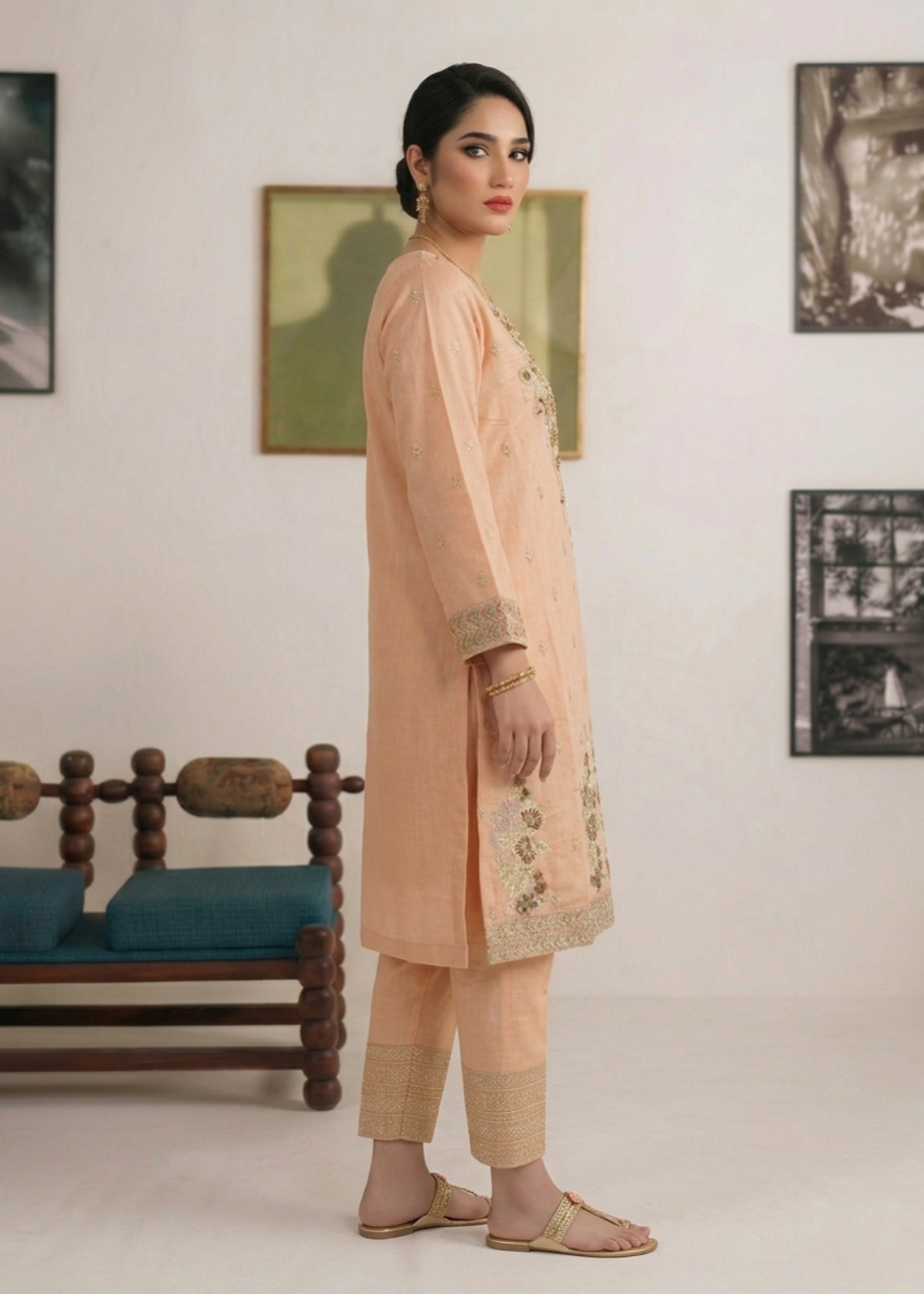 Peach Pink Embroidered Cotton Three Piece Suit Online in Dubai DXB UAE Abudhabi Meena Bazaar