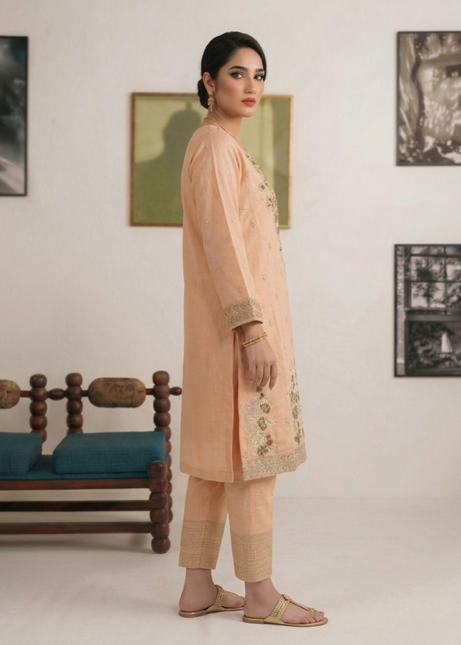Peach Pink Embroidered Cotton Three Piece Suit Online in Dubai DXB UAE Abudhabi Meena Bazaar