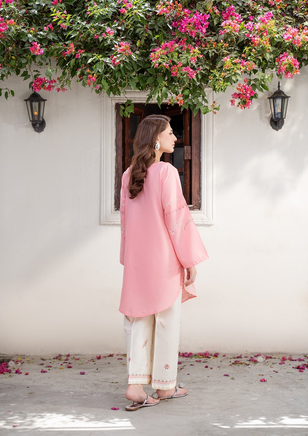 Peach Pink Embroidered Cotton Two Piece Suit Online in Sri Lanka India Australia