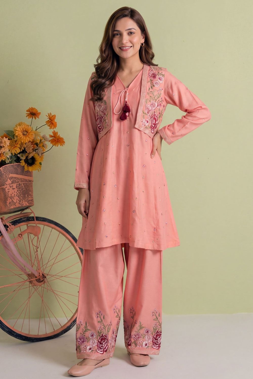 Peach Pink Embroidered Dhanak A-Line Frock Online in Dubai UAE Abudhabi Ajman Sharjah