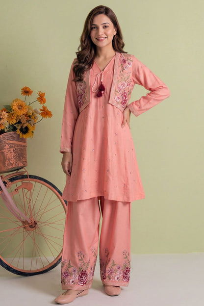 Peach Pink Embroidered Dhanak A-Line Frock Online in Dubai UAE Abudhabi Ajman Sharjah
