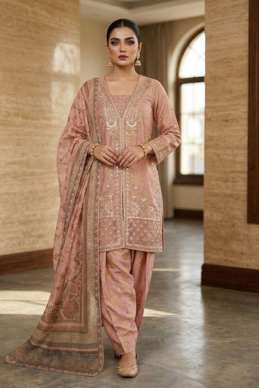 Peach Pink Embroidered Farshi Shalwar Suit Online in Dubai UAE Abudhabi Ajman Sharjah