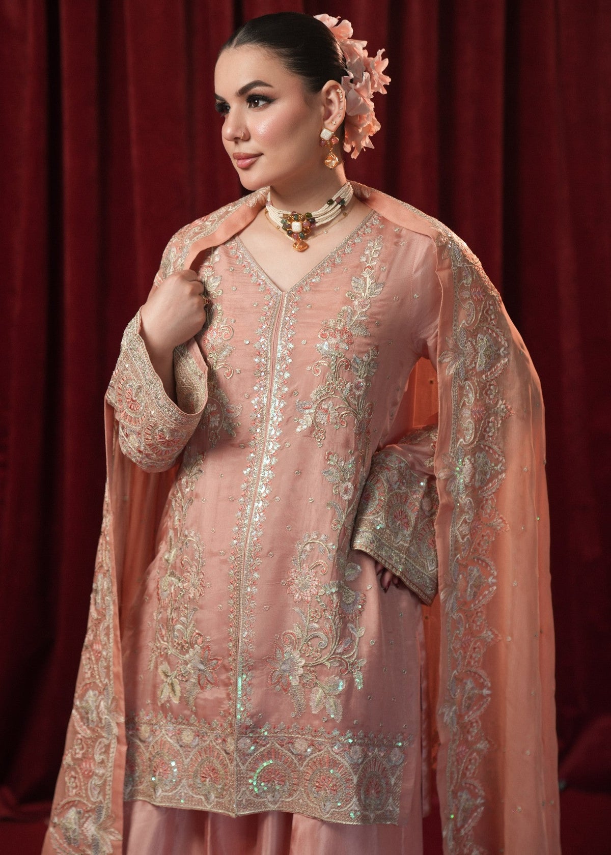 Peach Pink Embroidered Georgette Chiffon Pakistani Designer Suits Online in KSA Riyadh Saudi Arabia Oman Bahrain Qatar