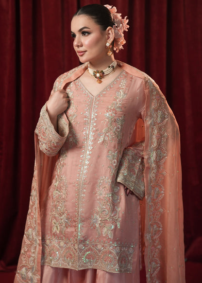 Peach Pink Embroidered Georgette Chiffon Pakistani Designer Suits Online in KSA Riyadh Saudi Arabia Oman Bahrain Qatar