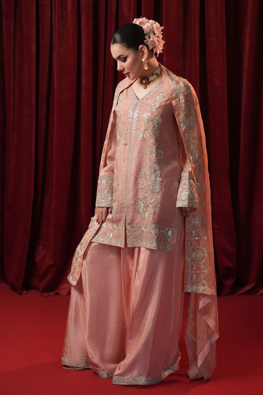 Peach Pink Embroidered Georgette Chiffon Sharara Suit Online in Dubai UAE Abudhabi Ajman Sharjah