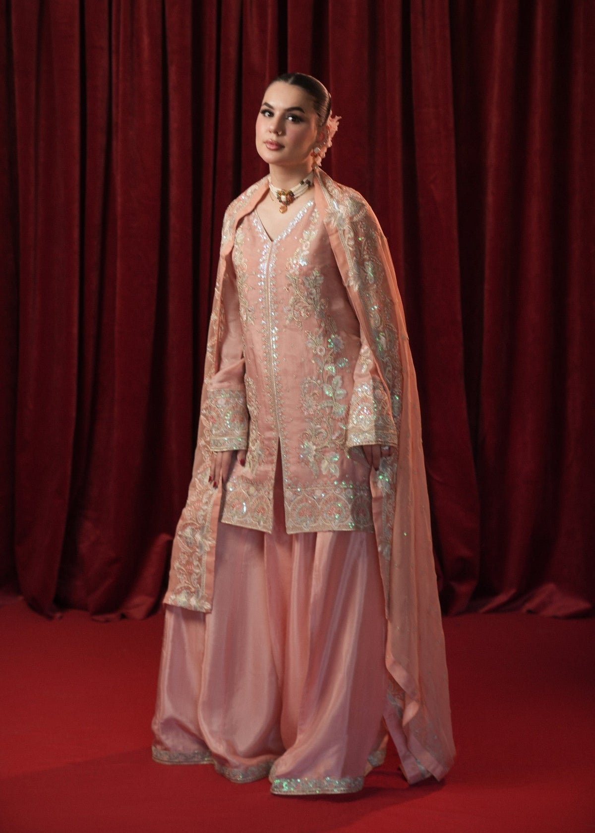 Peach Pink Embroidered Georgette Chiffon Sharara Suit Online in UK USA Canada