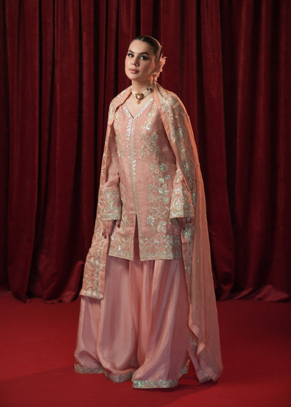 Peach Pink Embroidered Georgette Chiffon Sharara Suit Online in UK USA Canada