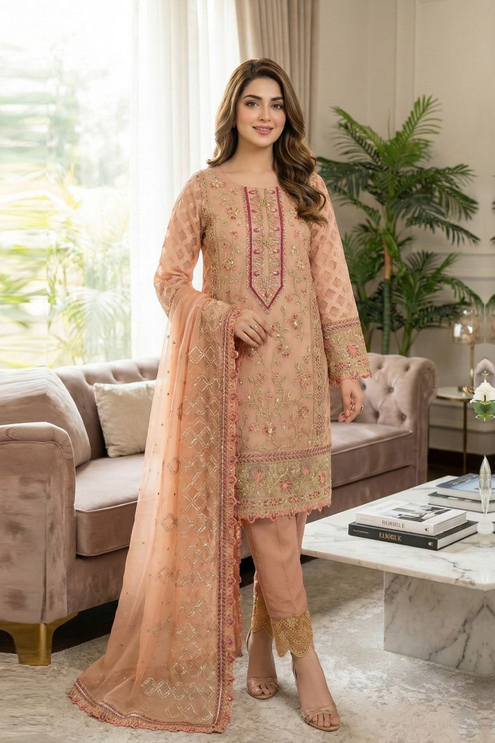 Peach Pink Embroidered Jacquard Organza Partywear Suit Online in Dubai UAE Abudhabi Ajman Sharjah