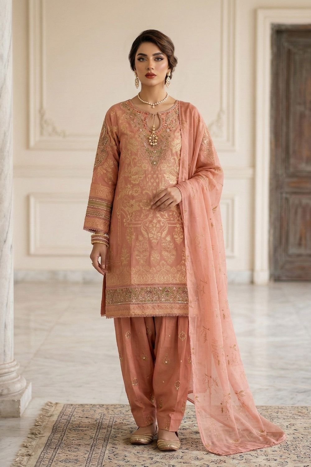 Peach Pink Embroidered Jacquard Pakistani Suit Online in Dubai UAE Abudhabi Ajman Sharjah