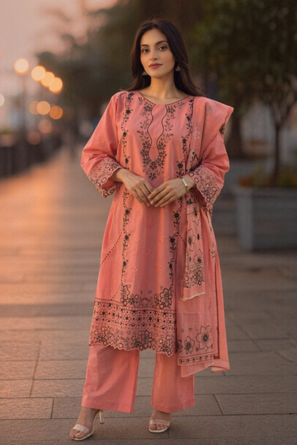 Peach Pink Embroidered Lawn Kurta Set Online in Dubai UAE Abudhabi Ajman Sharjah