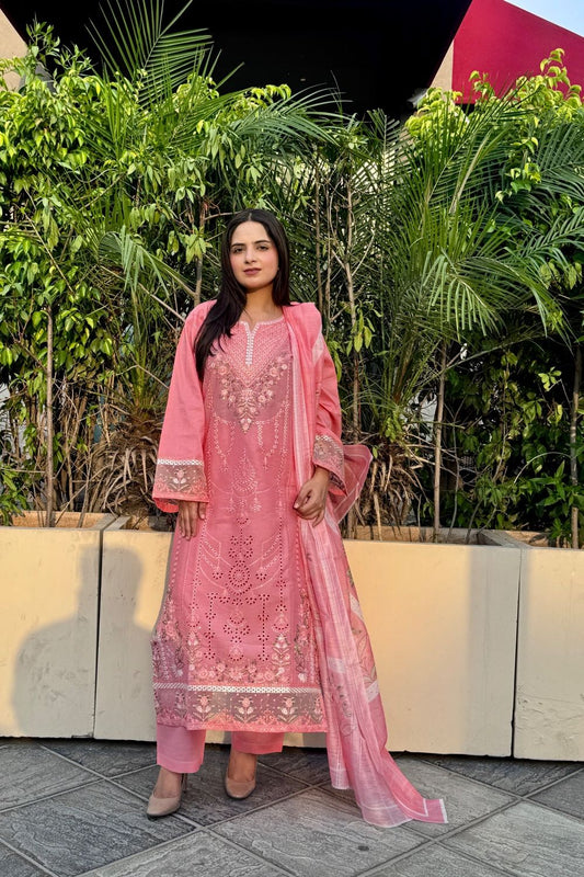 Peach Pink Embroidered Lawn Kurta with Trousers Online in Dubai UAE Abudhabi Ajman Sharjah