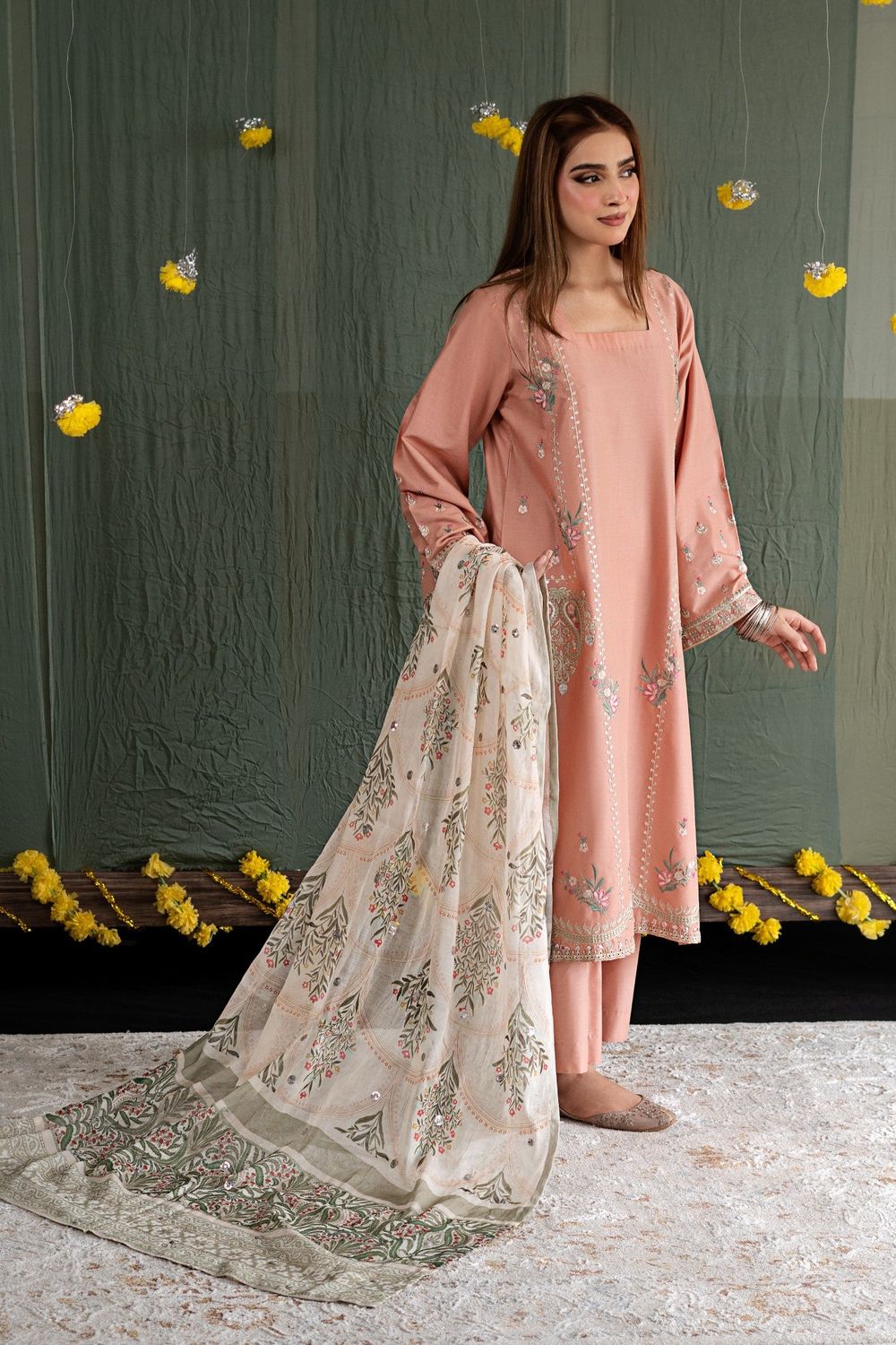 Peach Pink Embroidered Lawn Pakistani Suit Online in Dubai UAE Abudhabi Ajman Sharjah