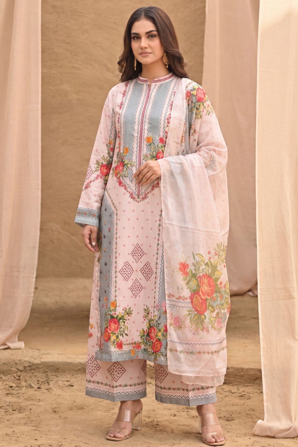 Peach Pink Embroidered Lawn Salwar Kameez Online in Dubai UAE Abudhabi Ajman Sharjah