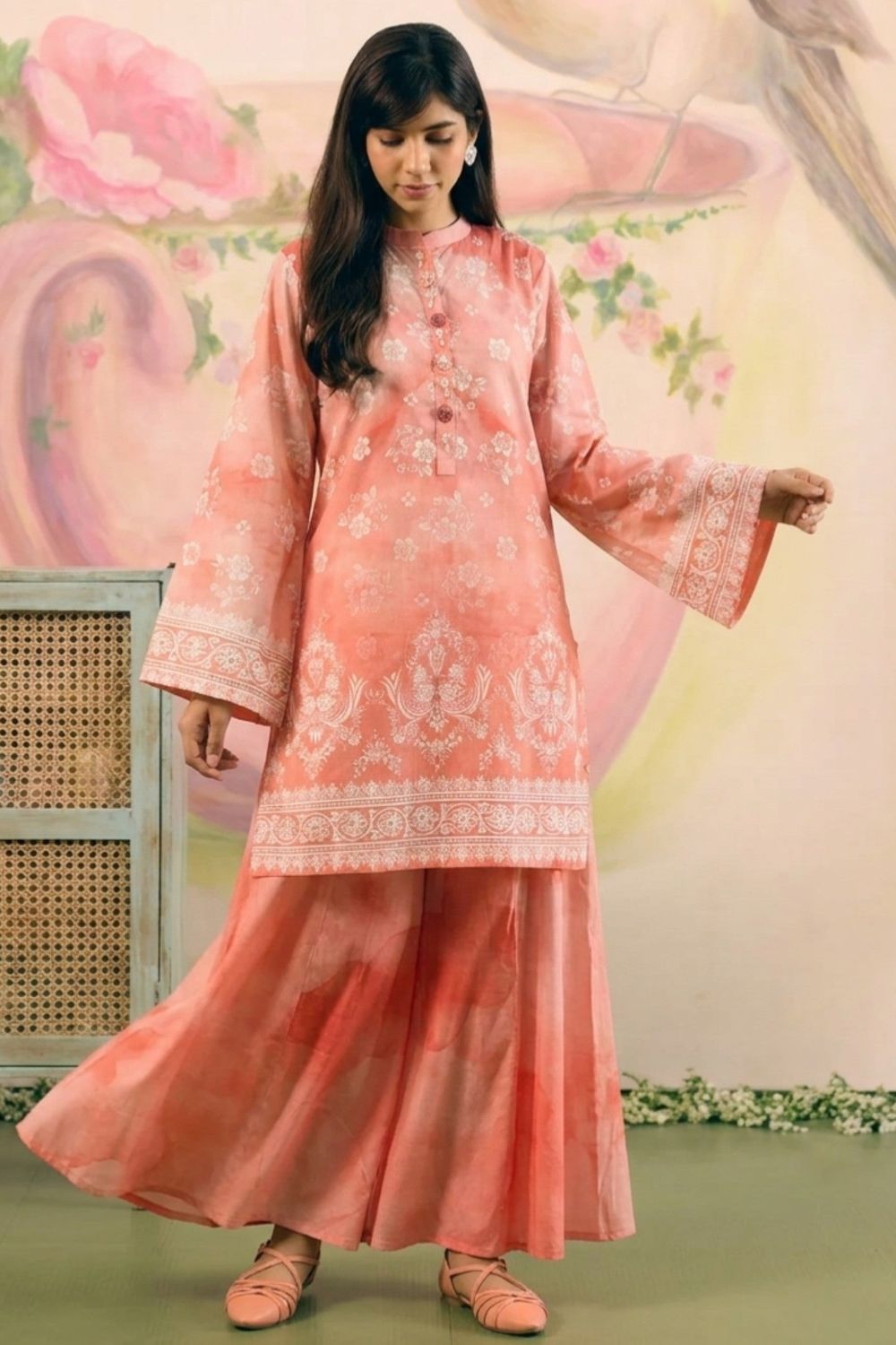 Peach Pink Embroidered Lawn Sharara Suit Online in Dubai UAE Abudhabi Ajman Sharjah