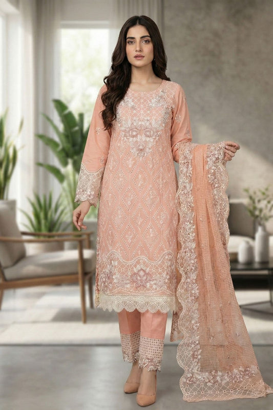 Peach Pink Embroidered Lawn Straight Kurta Suit Online in Dubai UAE Abudhabi Ajman Sharjah